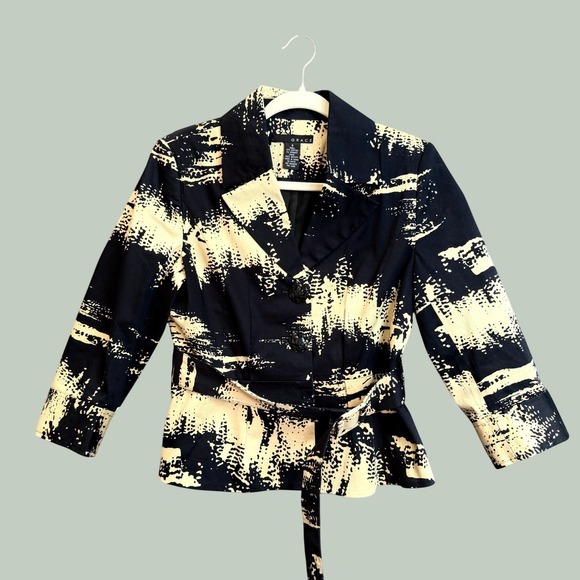 Grace Jackets & Blazers - Grace Women Size 8 Black Cream Abstract Print Belted Blazer Cotton Blend Jacket